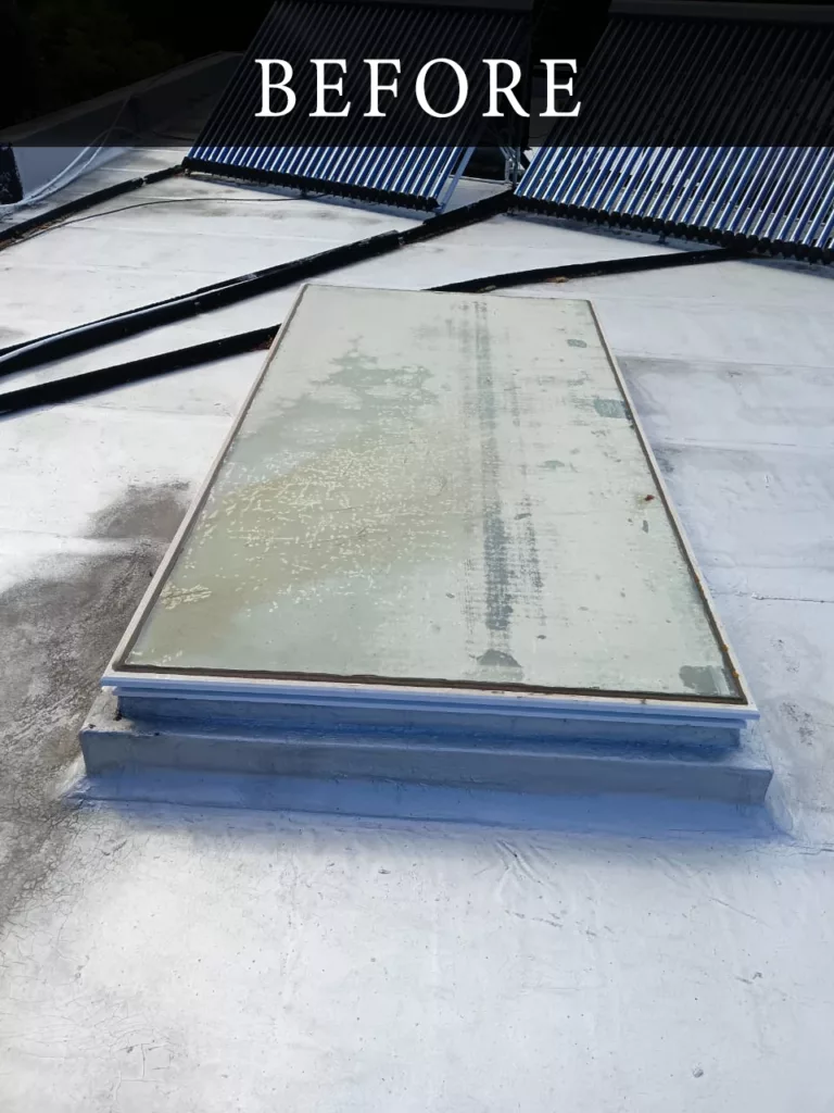 Before old window tint removal showing deteriorated tint on roof skylight